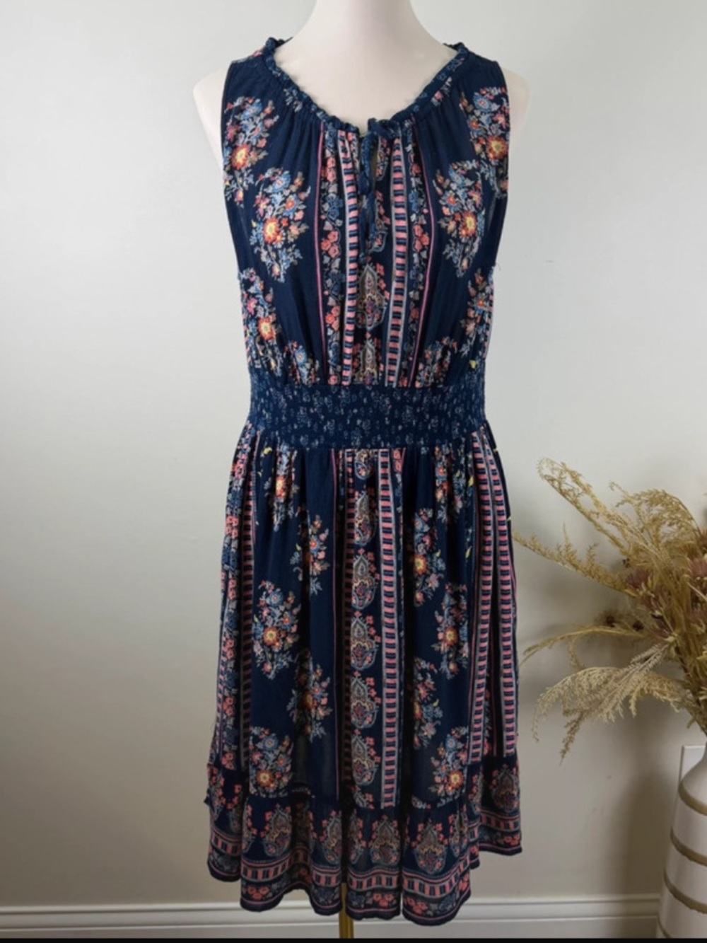 Bila Navy Sleeveless Crinkle Floral Smocked Midi Dress, bohemian, lightweight.